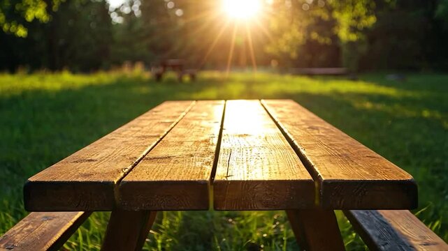 Wooden picnic table in a park bathed in sunlight