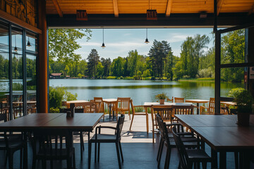 Fototapeta premium Interior of the cafeteria restaurant on the lake side summer, Riverside restaurant with shady and relax vibe.
