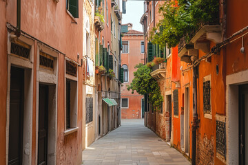 Obraz premium Landscape view of narrow street with European style building, Walking street for tourist in Italy, Alley with architecture design, Wayside restaurant.