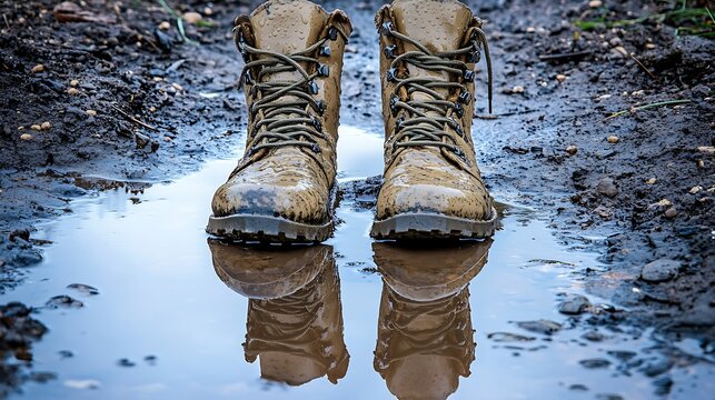 Muddy boots in puddle on trail