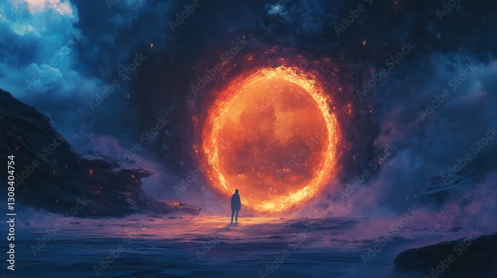 Poster person stands before a giant glowing portal in a magical atmosphere with a dynamic composition at tw