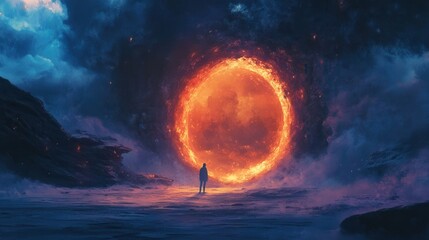 Fototapeta premium Person stands before a giant glowing portal in a magical atmosphere with a dynamic composition at twilight near the ocean