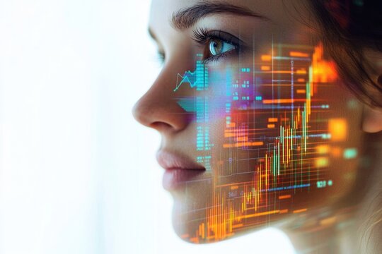 A woman's face overlaid with vibrant digital data visualizations, representing technological integration and data analysis.