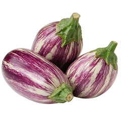 Three vibrant purple and white striped eggplants.