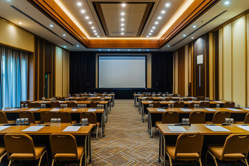 Interior design of large meeting room in top company, Conference hall with meeting table and projector screen for presentation, Modern and luxury business meeting room.