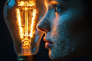 A glowing light bulb juxtaposed with a face imprinted with circuit board design, symbolizing the fusion of technology and human intellect.