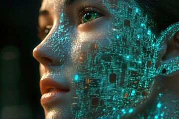 A woman's face is overlaid with a glowing circuit board, representing technological integration or AI.