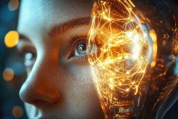 A person's face merges with a glowing lightbulb, symbolizing ideas and innovation.