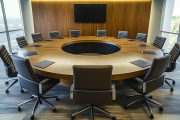Interior design of large meeting room in top company, Conference hall with meeting table and projector screen for presentation, Modern and luxury business meeting room, Round meeting table.