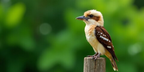 A small, colorful bird perches serenely on a weathered wooden post, its plumage a delightful blend of creamy beige, rich brown, and crisp white markings, against a softly blurred verdant background.