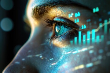 Close-up of a human eye overlaid with futuristic data visualizations, symbolizing technological advancements and human connection.