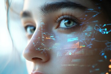 Close-up of a woman's eye with futuristic data overlay, representing technological advancements in biometric data.