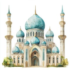 Fototapeta premium Watercolor Painting of a Grand Mosque with Blue Domes and Minarets