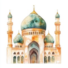Obraz premium Watercolor Painting Of A Grand Mosque With Teal Domes And Minarets