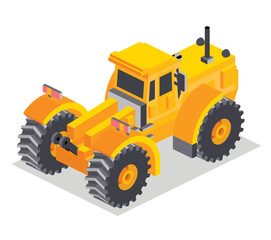 Isometric yellow  tractor isolated on white background. Rear view. Single object. Large modern agricultural tractor.