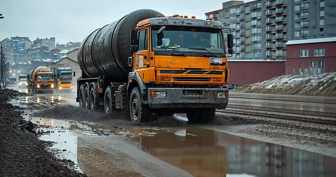 Tanker truck navigating muddy road in city