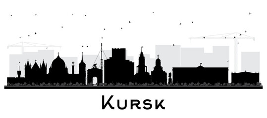 Obraz premium Kursk Russia city skyline silhouette with black buildings isolated on white. Kursk cityscape with landmarks. Business travel and tourism concept with modern and historic architecture.
