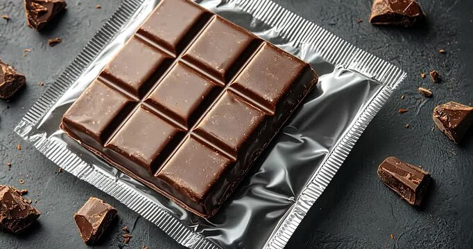 Dark chocolate bar in clear plastic wrapper on dark surface