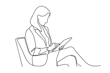 Businesswoman Using Tablet, Single Line Drawing, Minimalist Design, Office, Professional, Technology