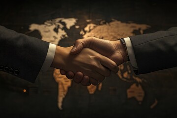 Two businessmen shake hands against a blurred world map, symbolizing global partnership and collaboration.