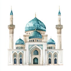Naklejka premium Watercolor Painting of a Mosque with Blue Domes and White Walls
