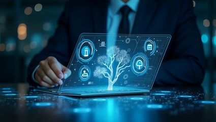 Futuristic Holographic Laptop Interface: Visualizing Decision Tree Structures for Effective Management in Digital Workflows - Photo Stock Concept with Left Space
