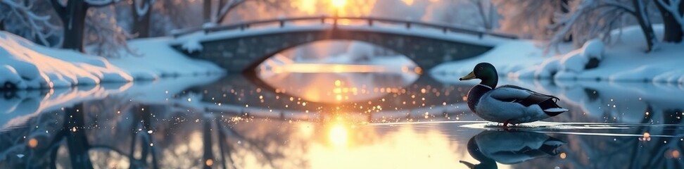 Gapstow Bridge reflection Solitary duck on ice , Central Park, snow, birdwatching