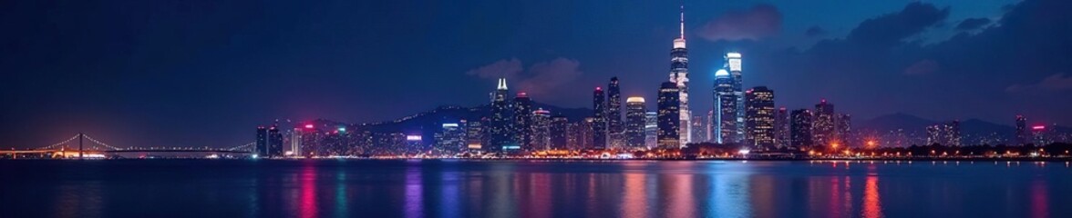 Gleaming skyscrapers reflect on dark water, city lights ablaze , downtown, evening, urban landscape