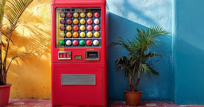 Retro candy vending machine against colorful wall, plants, sunny day, possible use stock photo