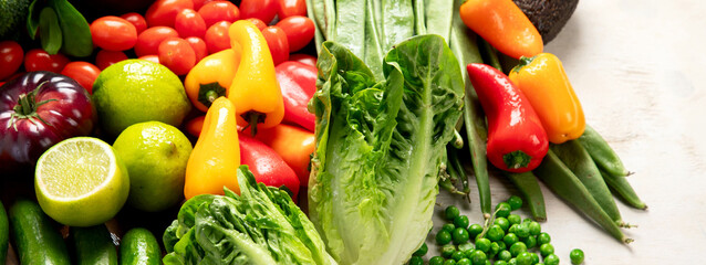Assortment of fresh organic vegetables in rainbow colors.