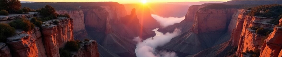 Fototapeta premium Golden hour illuminates foggy Lower Falls, Grand Canyon, viewed from Artist Point , nature, scenic