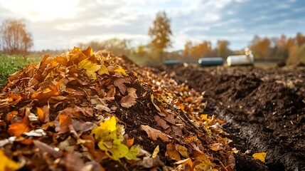 Pile of Autumn Leaves on Soil in Field with Sky