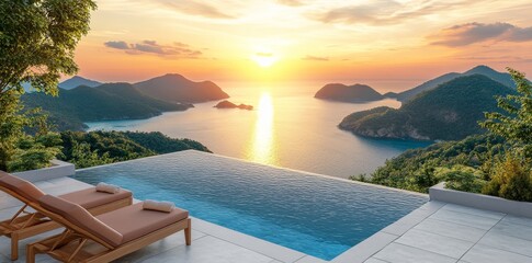 Fototapeta premium A contemporary white villa with a pool and garden, overlooking the sea and surrounded by numerous tropical plants at sunset