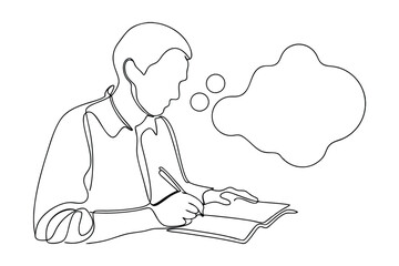 Single line drawing Man, writing, notebook, thoughts, ideas, contemplation, focus, concentration