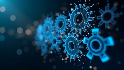 Holographic gear system representing teamwork and automation in collaborative projects and industrial processes. concept as Visual of a holographic gear system symbolizing teamwork and automation in c