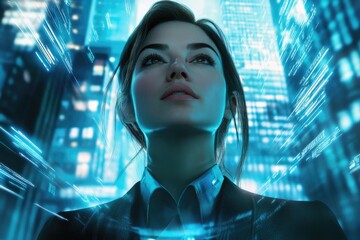A futuristic woman gazes upward, surrounded by digital data streams in a vibrant cityscape.