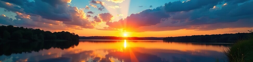 Lake Fayetteville sunset; intense yellow hues against a deep brilliant blue sky , USA, calm