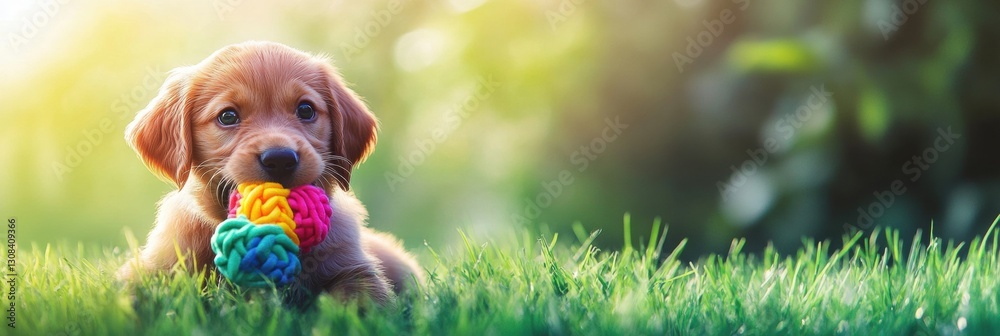 Aufkleber Playful puppy enjoys a colorful chew toy while sitting on lush green grass in soft natural light Generative AI