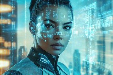 A futuristic woman with digital data overlayed on her face, in a cyberpunk city.