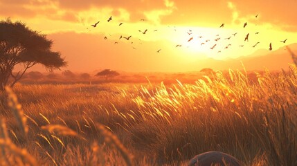 Savanna grassland ecosystem at dawn, tall grass swaying in wind, acacia trees scattered across landscape, grazing herbivores in middle ground, predator in far distance, birds soaring overhead,