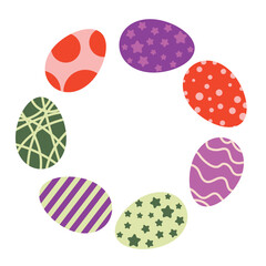 Colorful Patterned Easter Eggs Arranged in a Circular Formation Frame on White Background