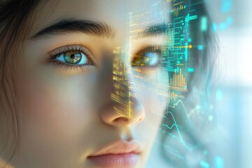 A woman's face overlaid with futuristic digital data, symbolizing technological integration with humanity.