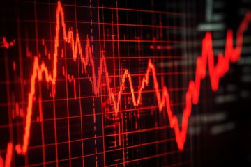 A business concept image featuring a fluctuating stock market graph with rising and falling indicators on a dark background.