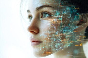A woman's face overlaid with data streams, symbolizing the merging of human intelligence with technology and digital transformation.