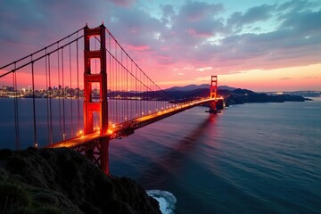 Obraz premium Golden Gate Bridge sunset aerial, vibrant colors, amazing, nature, orange