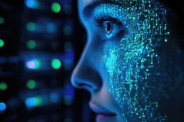 A woman's face is overlaid with a glowing circuit board pattern, symbolizing the connection between humans and technology.