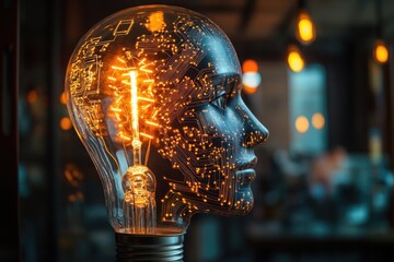 A glowing lightbulb shaped like a human head, circuit board patterns illuminate the inside, symbolizing artificial intelligence.