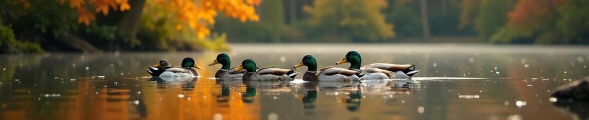 Obraz premium Graceful duck flock, autumn pond, vibrant foliage, farm, autumn, sun