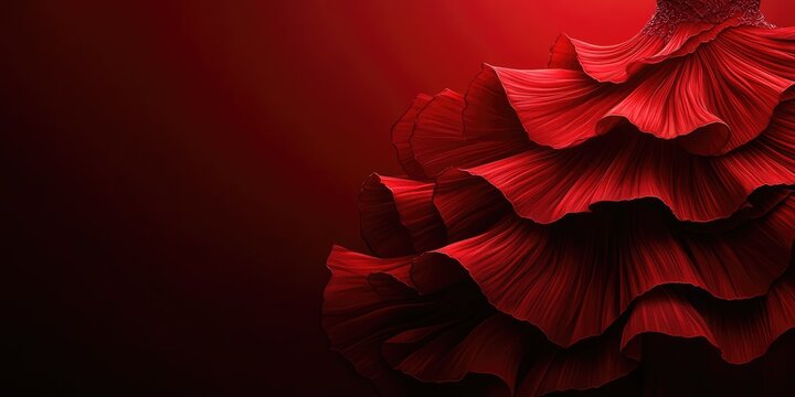 Red flamenco dress in motion against dark background. Use for dance blogs, cultural event promotions, fashion designs, and dramatic art pieces.