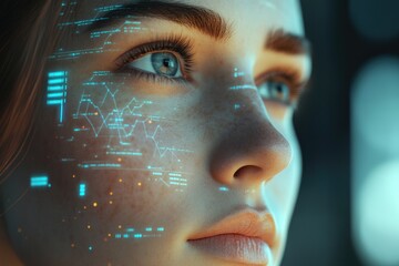A woman's face is overlaid with futuristic, glowing data streams, representing technological integration with humans.